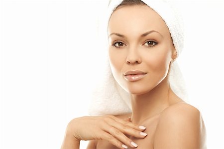 scale makeup woman - Portrait of Fresh and Beautiful brunette woman wearing white towel on her head Stock Photo - Budget Royalty-Free & Subscription, Code: 400-03953561