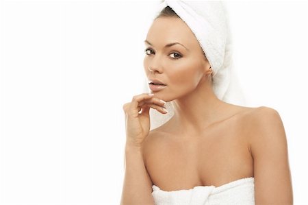 Portrait of Fresh and Beautiful brunette woman wearing white towel on her head Foto de stock - Super Valor sin royalties y Suscripción, Código: 400-03953571