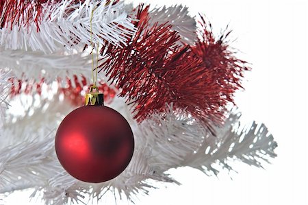 simsearch:622-06009907,k - Red christmas ball and ribbon on a white christmas tree. Stock Photo - Budget Royalty-Free & Subscription, Code: 400-03964752