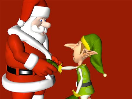 One of the elves shaking hands with Santa Claus. Isolated on a Christmas red background Stock Photo - Budget Royalty-Free & Subscription, Code: 400-03965447