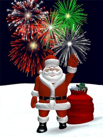 simsearch:400-07107254,k - Santa waving with Fireworks being displayed behind him Photographie de stock - Aubaine LD & Abonnement, Code: 400-03965487