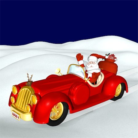 simsearch:400-07218254,k - Santa delivering his bag of gifts in elegance in his sylish convertable with a red nosed reindeer hood ornament. Stock Photo - Budget Royalty-Free & Subscription, Code: 400-03965520