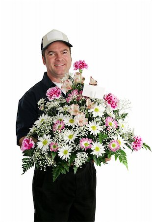 A delivery man bringing flowers. Stock Photo - Budget Royalty-Free & Subscription, Code: 400-03967376