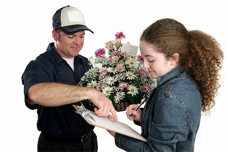 simsearch:400-04486211,k - A teenaged girl signing for a flower delivery. Stockbilder - Microstock & Abonnement, Bildnummer: 400-03967380