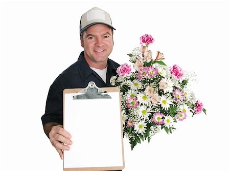 simsearch:400-03967457,k - A flower delivery man holding a beautiful bouquet and waiting for you to sign.  Insert your text on blank page. Foto de stock - Royalty-Free Super Valor e Assinatura, Número: 400-03967446
