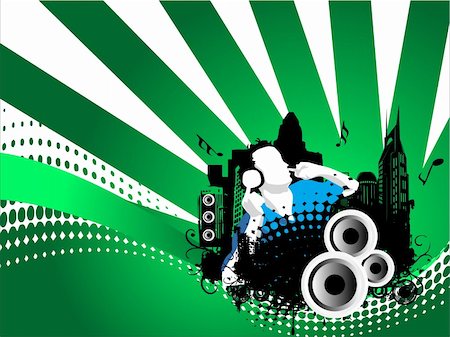 simsearch:614-01433957,k - Grunge vector illustration of disc jockey on city background in green Stock Photo - Budget Royalty-Free & Subscription, Code: 400-03968934