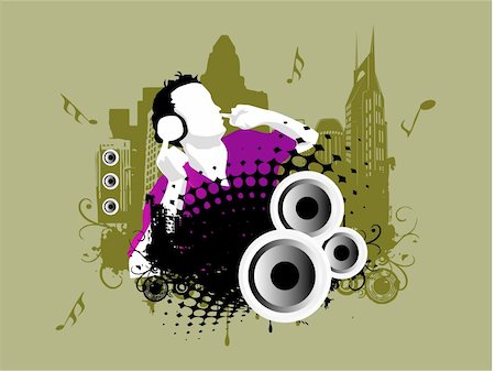 simsearch:614-01433957,k - Grunge vector illustration of disc jockey on city background in grey Stock Photo - Budget Royalty-Free & Subscription, Code: 400-03968935