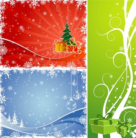 simsearch:693-06667980,k - Three christmas background with gift, baubles, Christmas tree, element for design, vector illustration Stock Photo - Budget Royalty-Free & Subscription, Code: 400-03968954