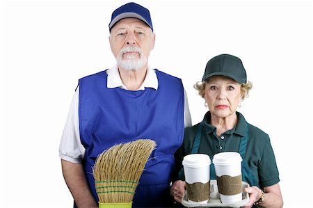 simsearch:6126-09104476,k - A senior couple stuck in boring service jobs because they can't afford retirement.  Isolated on white. Stock Photo - Budget Royalty-Free & Subscription, Code: 400-03969459