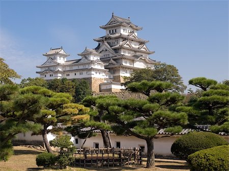 palacio himeji - Landscape view of the main tower of Himeji Castle on the hillside during the daytime with bonsai pine trees of the castle gardens in the foreground and blue sky in the background Foto de stock - Super Valor sin royalties y Suscripción, Código: 400-03969505