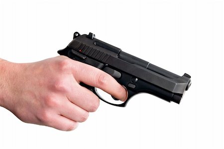 Hand holding gun. Isolated on white background. Stock Photo - Budget Royalty-Free & Subscription, Code: 400-03969726