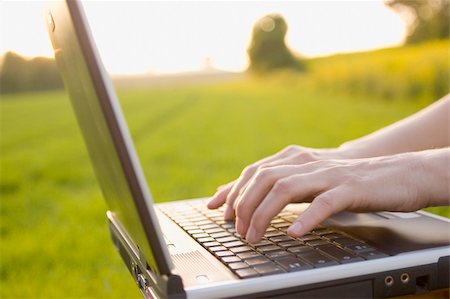 simsearch:400-08997106,k - Woman typing on a laptop outside in a meadow. Motion blured fingers because they are moving. Stock Photo - Budget Royalty-Free & Subscription, Code: 400-03960391