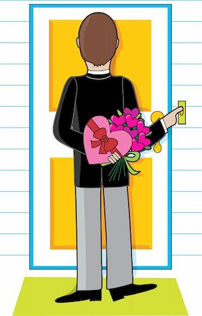 door bell - Young man standing at a doorway with flowers and candy for a date Stock Photo - Budget Royalty-Free & Subscription, Code: 400-03975108