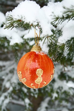 simsearch:400-06477568,k - Red Christmas Ball on Pine Branch Stock Photo - Budget Royalty-Free & Subscription, Code: 400-03976688