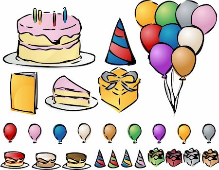 red blue birthday balloon clipart - Various icons for a party hand-drawn linart sketch look.  Various easy-to-change color schemes. Vector isometric illustration. Stock Photo - Budget Royalty-Free & Subscription, Code: 400-03977063