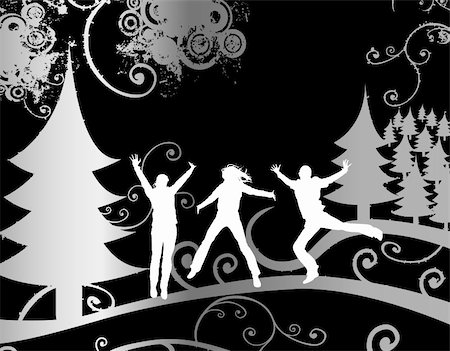 drawings of a girl and boy - grunge design, silhouettes in winter landscape, christmas trees, foliage and circles Stock Photo - Budget Royalty-Free & Subscription, Code: 400-03970064