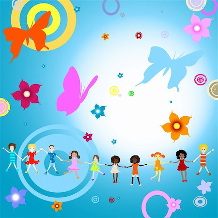 Group of kids on abstract background with flowers and butterflies Stock Photo - Budget Royalty-Free & Subscription, Code: 400-03970084
