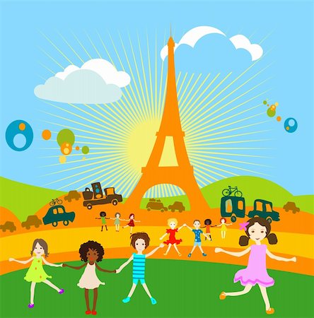 simsearch:400-04953342,k - Group of kids playing in a landscape with tower Stock Photo - Budget Royalty-Free & Subscription, Code: 400-03970082