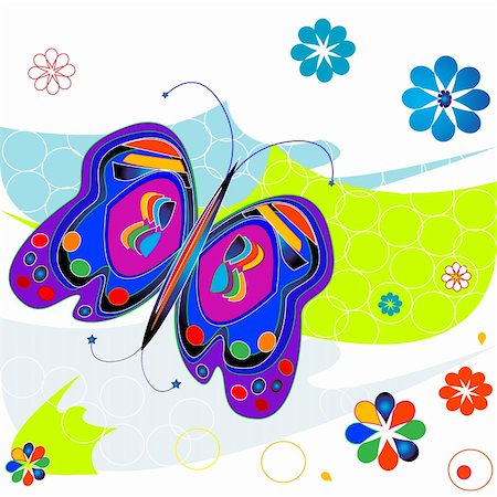 Very colorful composition with butterflies and flowers, retro style design Photographie de stock - Aubaine LD & Abonnement, Code: 400-03970109