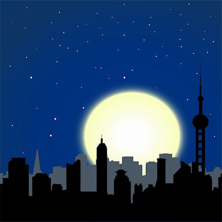 rooftop cityscape night - city buildings silhouettes on moon and stars sky background Stock Photo - Budget Royalty-Free & Subscription, Code: 400-03971163
