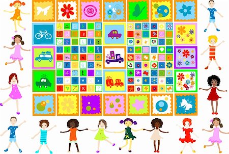 pictures of kids and friends playing at school - children playing, butterflies, flowers, cars and letters Stock Photo - Budget Royalty-Free & Subscription, Code: 400-03971564