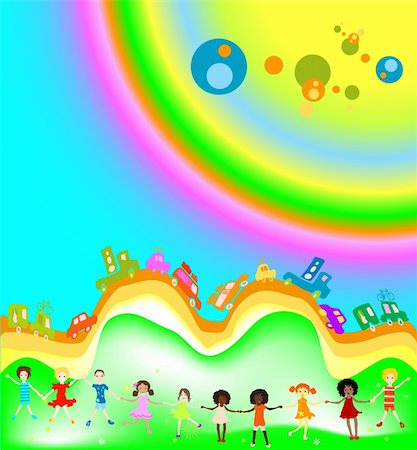 pictures of kids and friends playing at school - Group of kids playing, cars caravan cars and big rainbow in background Stock Photo - Budget Royalty-Free & Subscription, Code: 400-03971999