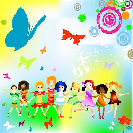 pictures of kids and friends playing at school - Group of kids on abstract background with flowers and butterflies Stock Photo - Budget Royalty-Free & Subscription, Code: 400-03972000