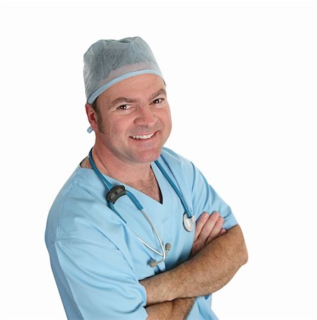 A friendly, handsome doctor in surgical scrubs.  Isolated. Stock Photo - Budget Royalty-Free & Subscription, Code: 400-03972284