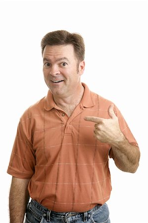 simsearch:400-03952911,k - Average forty year old guy pointing to himself with a questioning look as if to say Who Me?  Isolated on white. Stock Photo - Budget Royalty-Free & Subscription, Code: 400-03972322