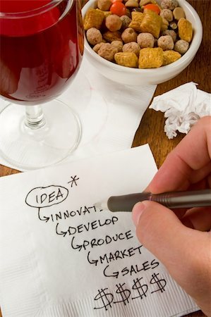 Ideas, charts, innovation on a cocktail napkin in a bar with wine and snacks Photographie de stock - Aubaine LD & Abonnement, Code: 400-03972866