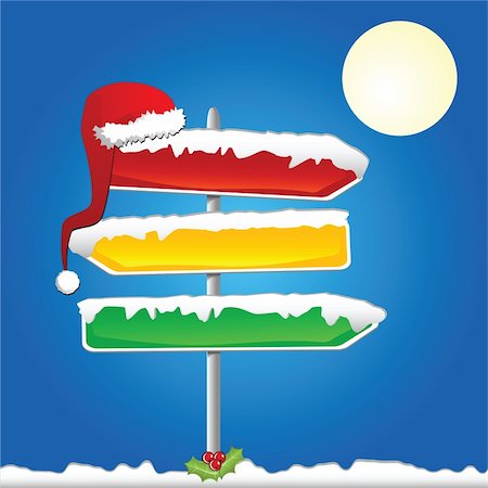 simsearch:633-01272708,k - Road signs of different colors covered with snow with a Santa's hat hanging. Vector. Each element on a different layer. Foto de stock - Super Valor sin royalties y Suscripción, Código: 400-03972965