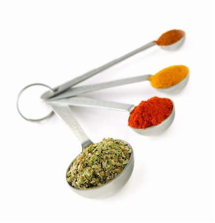 Assorted spices in metal measuring spoons on white background Stock Photo - Budget Royalty-Free & Subscription, Code: 400-03973990