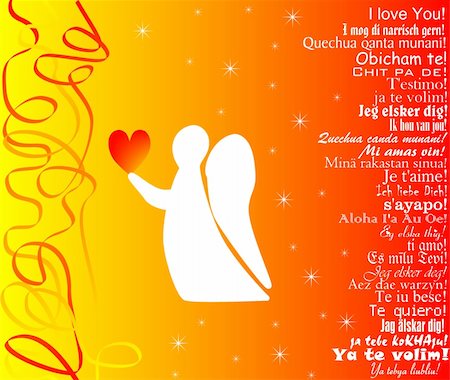 valentine`s day greeting card - an angel with a heart in his arms, romantic background, wallpaper, I love you in different languages Stockbilder - Microstock & Abonnement, Bildnummer: 400-03984322