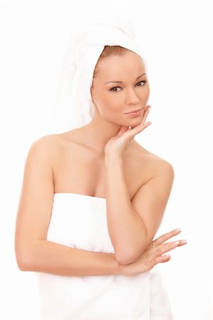 Portrait of Fresh and Beautiful brunette woman wearing white towel on her head Foto de stock - Super Valor sin royalties y Suscripción, Código: 400-03984536