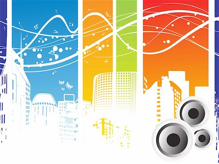 simsearch:400-04046708,k - vector illustration of speakers, microphone, guitar, turntable, cassette on abstract musical backgrround Fotografie stock - Microstock e Abbonamento, Codice: 400-03985039