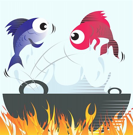 fish eating people cartoon - Illustration of two fishes jumping from frying vessel Foto de stock - Super Valor sin royalties y Suscripción, Código: 400-03985645