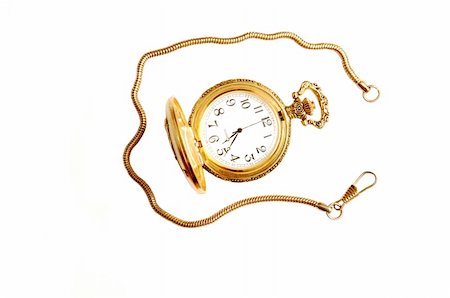 An antique golden open pocket watch with chain on white background. Stock Photo - Budget Royalty-Free & Subscription, Code: 400-03986145