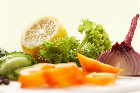 vegetable mix: lettuce, onion, lemon, cucumber Stock Photo - Budget Royalty-Free & Subscription, Code: 400-03987134