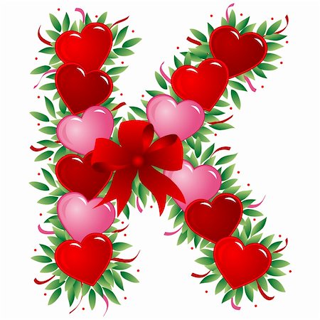 simsearch:400-05753278,k - Letter K with heart, bow, ribbon and leaf Photographie de stock - Aubaine LD & Abonnement, Code: 400-03987636