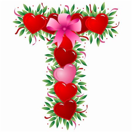 Letter T with heart, bow, ribbon and leaf Stock Photo - Budget Royalty-Free & Subscription, Code: 400-03987827