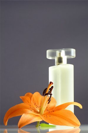 composition with a perfume and lily on grey background Foto de stock - Super Valor sin royalties y Suscripción, Código: 400-03988024