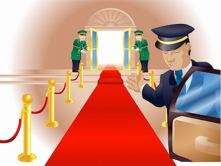 porteiro - Illustration, point of view of person getting out of a limousine with chauffer and doormen beckoning him or her into a venue like a vip or celebrity Foto de stock - Royalty-Free Super Valor e Assinatura, Número: 400-03989234