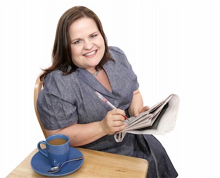 Pretty plus-sized businesswoman optimistic about her employment prospects.  Isolated on white. Stock Photo - Budget Royalty-Free & Subscription, Code: 400-03989267