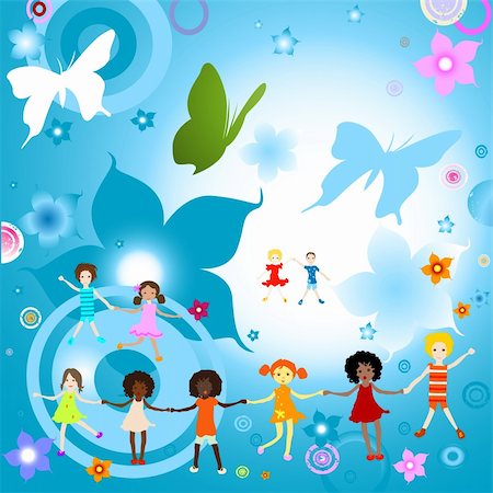 simsearch:400-04953342,k - Group of kids on abstract background with flowers and butterflies Stock Photo - Budget Royalty-Free & Subscription, Code: 400-03989875