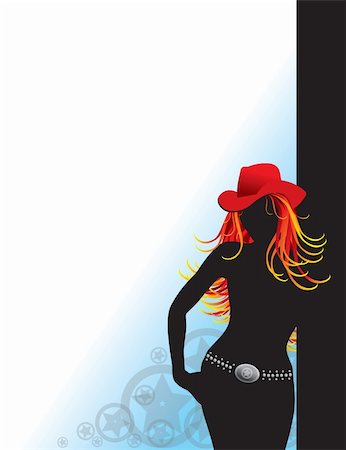 A sexy cowgirl standing in silhouette with red hair and a red hat Photographie de stock - Aubaine LD & Abonnement, Code: 400-03989985