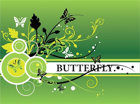 Green gradient background with elegant, gracefull, fancy design elements, pretty butterflis, floral ornaments. White-stroked circles. Stock Photo - Budget Royalty-Free & Subscription, Code: 400-03983377
