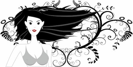 simsearch:400-04353258,k - Vector - Girl in bikini posing with wind blowing in her hair and floral vines in the background. Fotografie stock - Microstock e Abbonamento, Codice: 400-03983392
