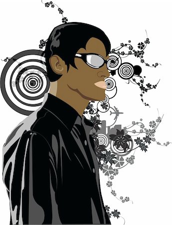 Fashion boy in a trendy shirt, wearing  black sunglasses. In the background abstract-florish design elements. Photographie de stock - Aubaine LD & Abonnement, Code: 400-03983575