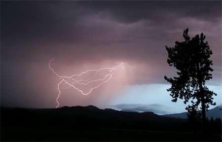 A lightning strike in the Central Oregon Cascade mountains near Black Butte. The energy from the lightning has turned the sky purple as it lights up the rain falling from the thundercloud. Photographie de stock - Aubaine LD & Abonnement, Code: 400-03983680