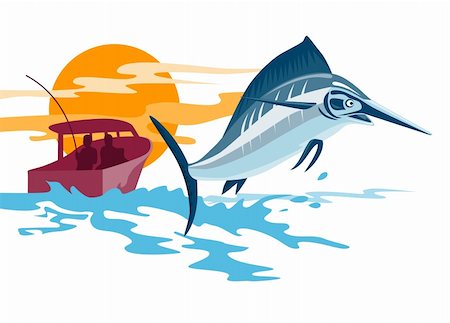 fishing boat at sea illustration - Illustration of a Swordfish jumping with boat in the background Stock Photo - Budget Royalty-Free & Subscription, Code: 400-03983829